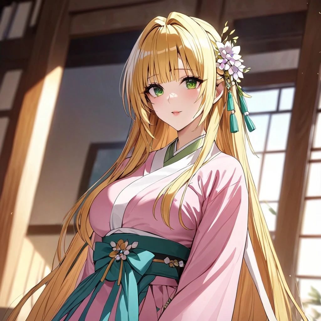 ((Highest quality)), ((masterpiece)), (detailed), (Perfect Face)、The woman in the Korean palace is a Korean Tiayoo, wearing a gorgeous and glittering hanbok (traditional Korean dress) in a Korean mansion, with a gorgeous hair ornament, gorgeous jeweled accessories, and an engagement ring.、The woman is an elegant tiare with green eyes and medium-long blonde hair. The woman is a Korean tiare wearing a hanbok.