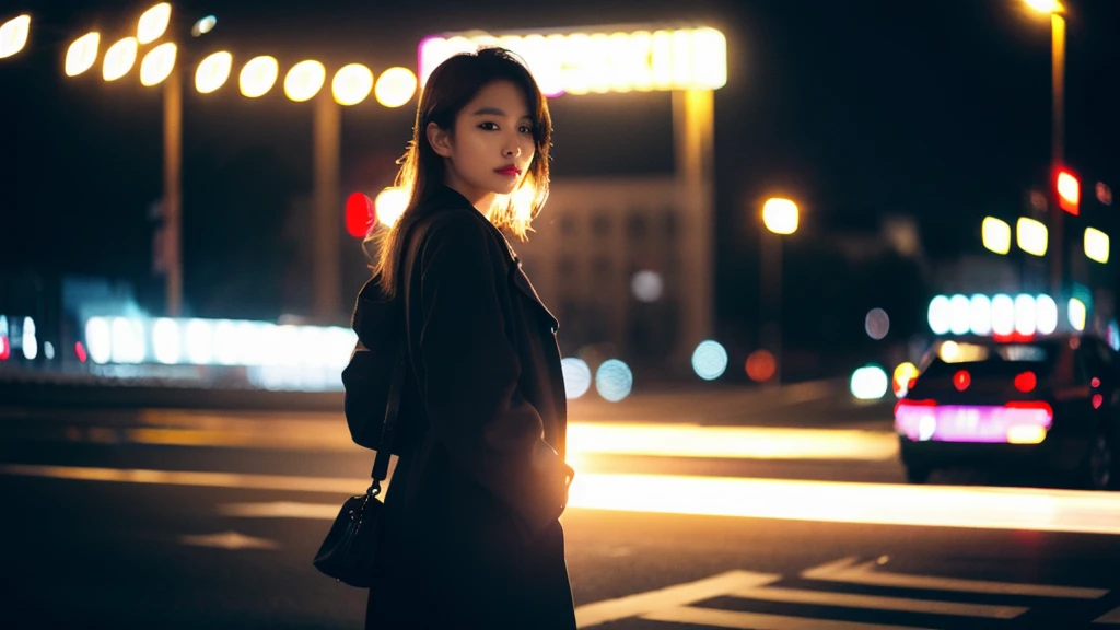 (Cinematic aesthetics:1.4) Bokeh city night photo of beautiful Korean fashion model
