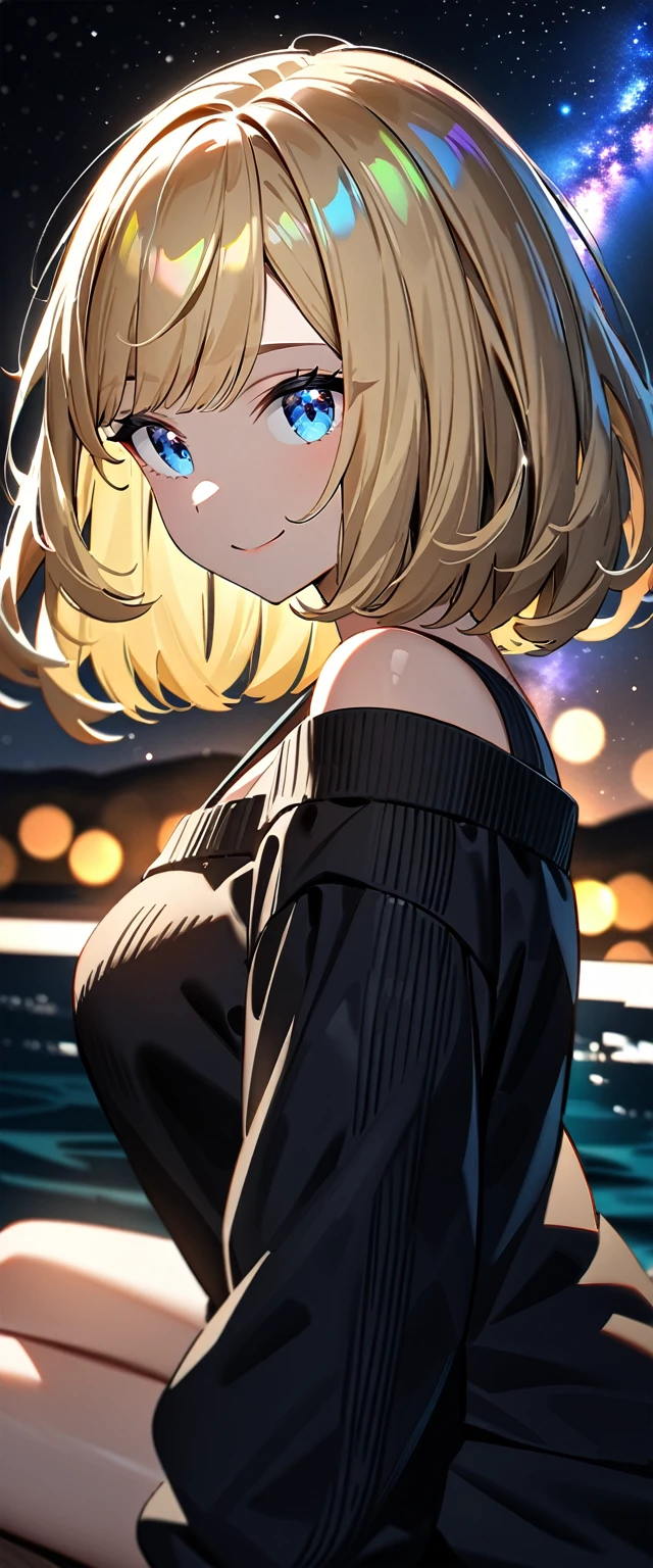(()), (((focus on face))), ((extreme close up face)), (((a beautiful starry sky, the Milky Way shining beautifully in the night))), ((Aran sweater)), ((((from side)))), ((sitting on the very high cliff)), wavy hair, inward curled hair, sea, ((blond hair, bob cut:1.3)), breasts, teenager, (looking at viewer), oversized clothes, puffy long sleeves, ((off-shoulder sweater:1.3, Quite thick shoulder straps)), ((black sweater)), collarbone, head tilt:1.3, (((blue eyes))), happy smile, (((anime style))), (best quality, 4K, 8K, highres, masterpiece:1.2, ultra-detailed, ultra-detailed eyes, HDR, uhd, studio lighting, ultra-fine painting, sharp focus, physically-based rendering, extreme detail description, professional, vivid colors, bokeh)