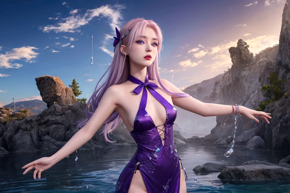 1.5),(1 Girl),(Dynamic pose),(multicoloRedhead+Silver Hair:1.3+Redhead:1.2+Purple Hair+Yellow Hair:1.3+Green Hair:1.3),(blue eyes),(Neck ribbon),(floating),(cloud),(Too many droplets of water),(Twilight),(watercolor),(Wide Shot)