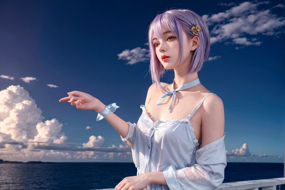1.5),(1 Girl),(Dynamic pose),(multicoloRedhead+Silver Hair:1.3+Redhead:1.2+Purple Hair+Yellow Hair:1.3+Green Hair:1.3),(blue eyes),(Neck ribbon),(floating),(cloud),(Too many droplets of water),(Twilight),(watercolor),(Wide Shot)