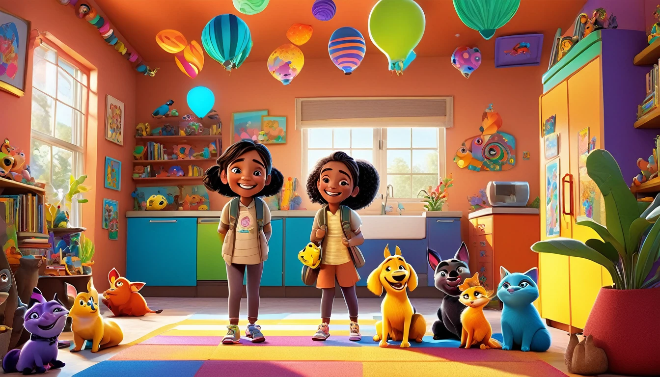 A colorful, animated scene in a 3-D Pixar style featuring a cheerful Black  named Arya, welcoming viewers to her happy place. Arya is standing in a vibrant, fun-filled space with bright colors, playful animals, smiling children, and various learning elements like books, shapes, and nature around her. The atmosphere is joyful and inviting, with big smiles and an overall sense of excitement and happiness.