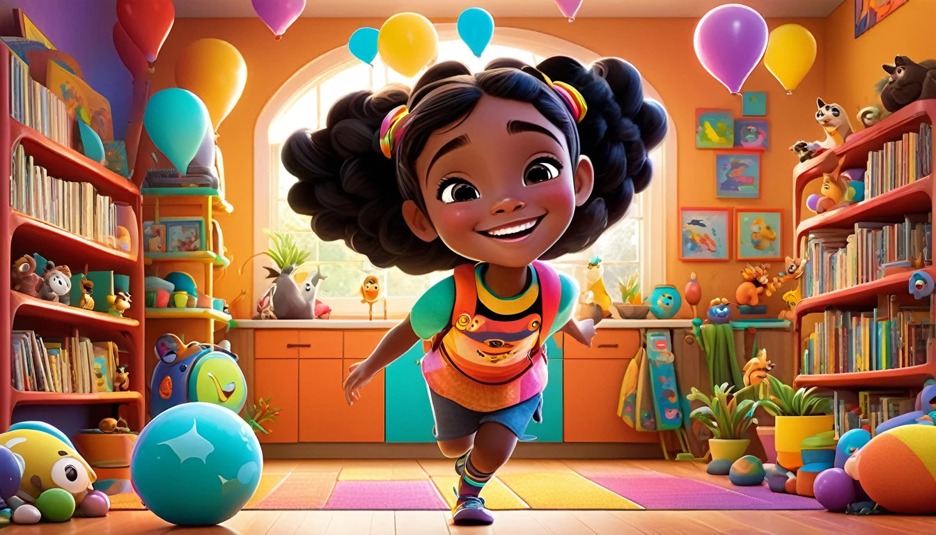 A colorful, animated scene in a 3-D Pixar style featuring a cheerful Black  named Arya, welcoming viewers to her happy place. Arya is standing in a vibrant, fun-filled space with bright colors, playful animals, smiling children, and various learning elements like books, shapes, and nature around her. The atmosphere is joyful and inviting, with big smiles and an overall sense of excitement and happiness.