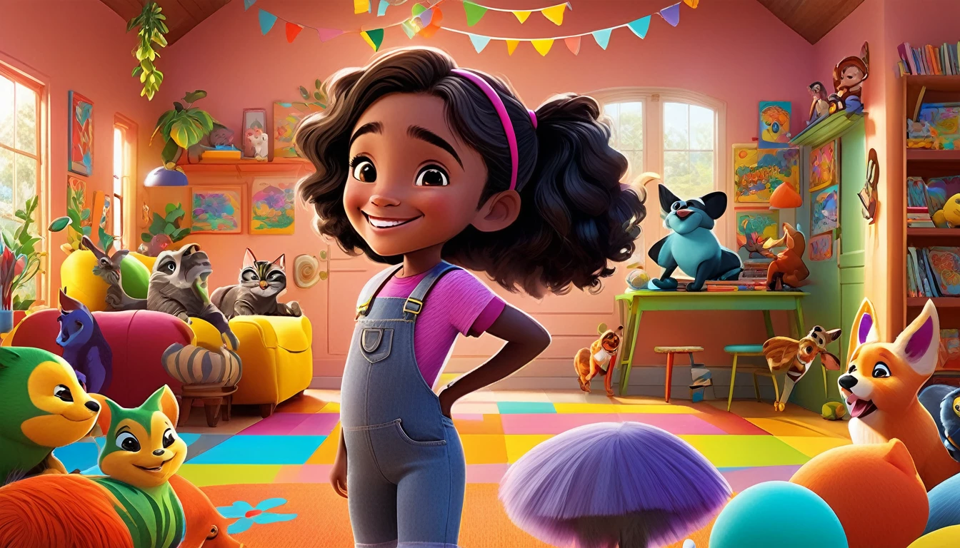 A colorful, animated scene in a 3-D Pixar style featuring a cheerful Black  named Arya, welcoming viewers to her happy place. Arya is standing in a vibrant, fun-filled space with bright colors, playful animals, smiling children, and various learning elements like books, shapes, and nature around her. The atmosphere is joyful and inviting, with big smiles and an overall sense of excitement and happiness.