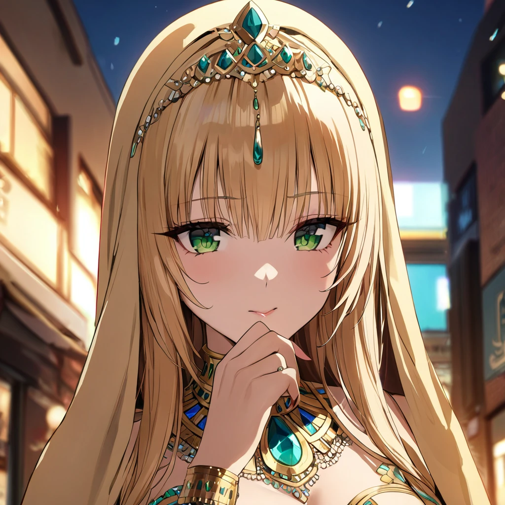 ((Highest quality)), ((masterpiece)), (detailed), （Perfect Face）、The woman is a Muslim Egyptian Tiara with bright brown skin, wearing a gorgeous and glittering garabiya, a gorgeous hijab, gorgeous jeweled accessories and an engagement ring in the streets of Egypt.、The woman was an elegant Egyptian Muslim with green eyes, medium blonde hair and a gorgeous, glittering garabeya and a gorgeous hijab.、（The woman is a dark-skinned Egyptian named Tiara.）