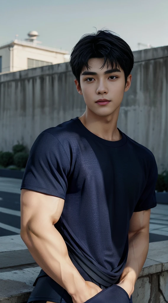 (As a matter of fact, Masterpiece, 8k HD, good light quality, sportswear, fit the face, complicated details), A handsome and muscular young Korean man., Have muscles, (Buzzcut short hair:1.5) ,(Broad shoulders:1.3), 20 years old, be happy, smile brightly, detailed face, delicate eyes, มองดูsky, (Wear a navy tight T-shirt.:1.9), period, black eyes, Black hair color, ผมsmooth, smooth, outdoor sports, Along the garden, Sunny,sky,