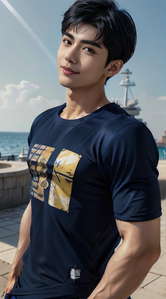 (As a matter of fact, Masterpiece, 8k HD, good light quality, sportswear, fit the face, complicated details), A handsome and muscular young Korean man., Have muscles, (Buzzcut short hair:1.5) ,(Broad shoulders:1.3), 20 years old, be happy, smile brightly, detailed face, delicate eyes, มองดูsky, (Wear a navy tight T-shirt.:1.9), period, black eyes, Black hair color, ผมsmooth, smooth, outdoor sports, Along the garden, Sunny,sky,