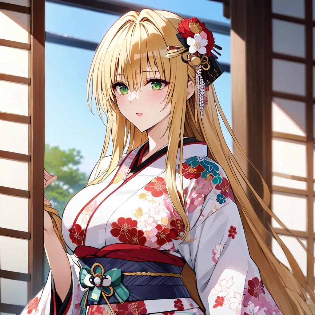 ((Highest quality)), ((masterpiece)), (detailed), (Perfect Face)、The woman in the Japanese garden is a Japanese Tiare, wearing a gorgeous and dazzling kimono, gorgeous hair ornaments, gorgeous jeweled accessories, and an engagement ring.、The woman is an elegant Tieryu with green eyes and blonde medium-long hair. The woman is a Japanese Tieryu wearing a Japanese kimono.