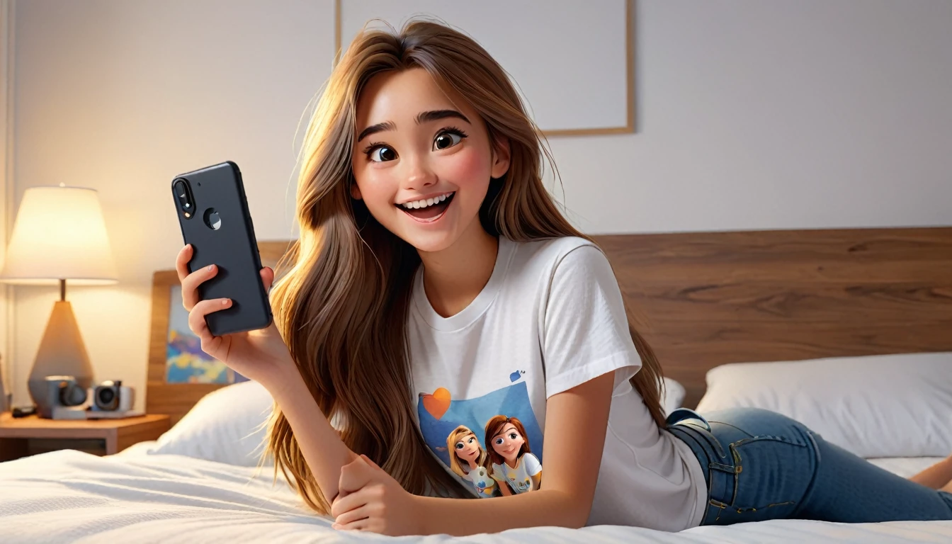 ((masterpiece, best quality)), award winning, 4k, 8k, simple background, photography, visible face, (one girl), 20 years old, age girl with a cheerful and playful demeanor. She has long, straight hair, a simple white plain t-shirt and denim. sitting in bed, taking selfie. Pixar Character.