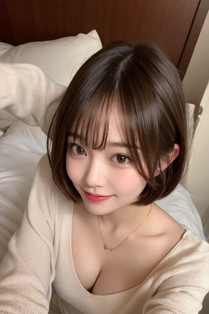 Selfie、Light clothing、Laughing、bed、Lying down、Very short hair、short、ベリーshortカット、Highest quality, figure, Super detailed, In detail, High resolution, 8k wallpaper, Perfect dynamic composition, Beautiful attention to detail, dress,Medium Hair, Small breasts、Natural color lip, Random sexy poses,smile,24-years-old