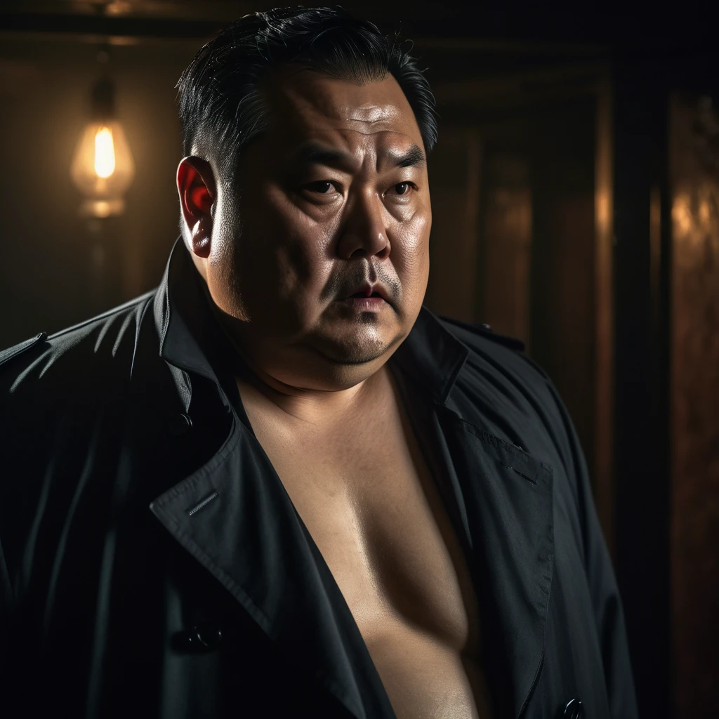 Fat, Chubby man in a black trench coat, Shirtless , take off Shirt, Asian 50 year old,horror, dark atmosphere, moody lighting, dramatic shadows, cinematic composition, intense gaze, mysterious expression, ominous presence, unsettling ambiance, atmospheric, detailed facial features, realistic skin textures, high level of detail, 8k, cinematic lighting, photorealistic, masterpiece