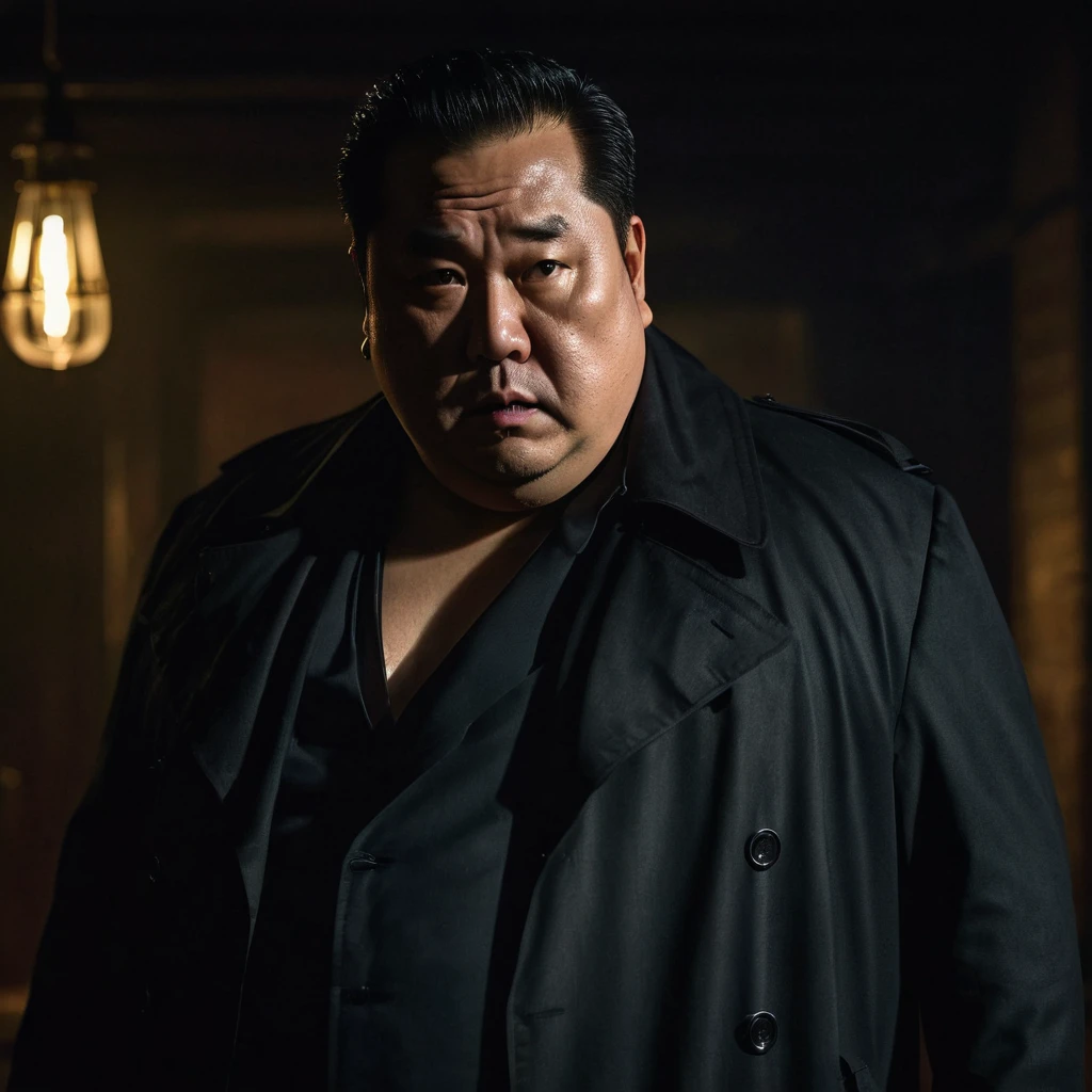 Fat, Chubby man in a black trench coat, Shirtless , take off Shirt, Asian 50 year old,horror, dark atmosphere, moody lighting, dramatic shadows, cinematic composition, intense gaze, mysterious expression, ominous presence, unsettling ambiance, atmospheric, detailed facial features, realistic skin textures, high level of detail, 8k, cinematic lighting, photorealistic, masterpiece