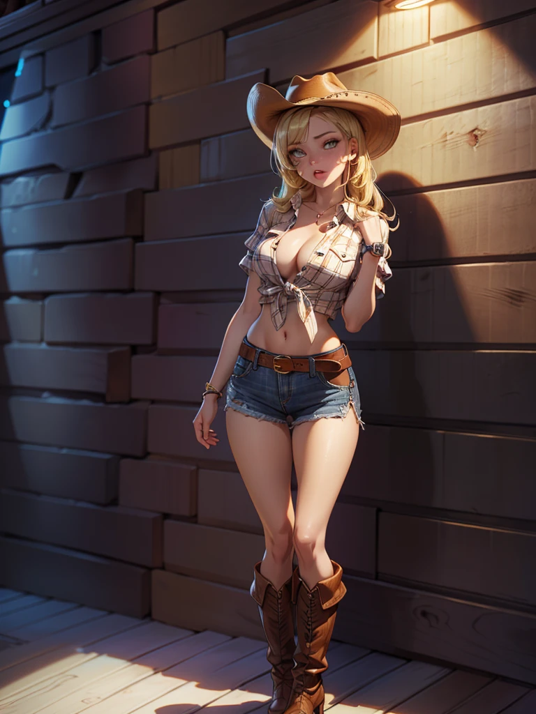 (((Cowgirl Costume))),(((Wear low-waisted denim shorts and short western boots))),(((Wear a western hat))),(((wear a leather belt))),(((Wearing short sleeves, Plaid, front tie shirt))),(((Wear a watch on your wrist))),(((Showing cleavage))),(((Bare inner thighs))),(((Bare arms))),(((Navel exposed))),(((Her hair is blonde))),Beautiful detailed girl, Very detailed目と顔, 緻密でBeautiful Eyes, Very detailedな, High resolution, Highest quality, masterpiece, Very detailed, 8k wallpaper, wonderful, finely, Highest quality,One girl,(((Basement at night:1.5))),(((Standing in front of a wooden wall:1.5))),Beautiful Eyes,((Drunk face:1.2)),Open your mouth