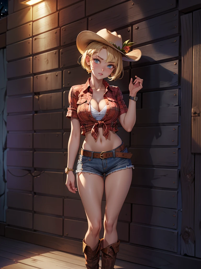 (((Cowgirl Costume))),(((Wear low-waisted denim shorts and short western boots))),(((Wear a western hat))),(((wear a leather belt))),(((Wearing short sleeves, Plaid, front tie shirt))),(((Wear a watch on your wrist))),(((Showing cleavage))),(((Bare inner thighs))),(((Bare arms))),(((Navel exposed))),(((Her hair is blonde))),Beautiful detailed girl, Very detailed目と顔, 緻密でBeautiful Eyes, Very detailedな, High resolution, Highest quality, masterpiece, Very detailed, 8k wallpaper, wonderful, finely, Highest quality,One girl,(((Basement at night:1.5))),(((Standing in front of a wooden wall:1.5))),Beautiful Eyes,((Drunk face:1.2)),Open your mouth