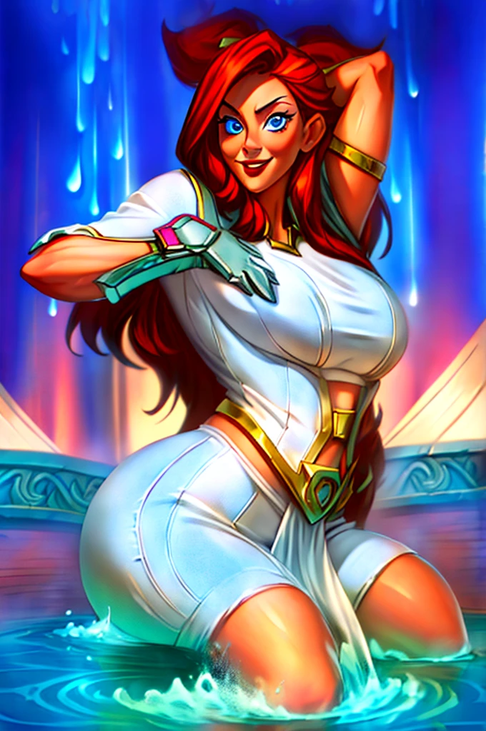 (best quality, hight resolution, Ultra-detail, realisti:1.37),(art station)Sexual atmosphere,fully nacked, stripper, dancing ,visible pubes, seductive smile, lustfull,bare breasts, red hair, , visible aerola , perfect ,, blue eyes, , Girl, flush, , sweating, wet skin, Drops of water all over the body, naked tits, wide hips, tight ass, sichtbarer Warzenhof, Big Areola, Water drops on the skin, sexy Pose, Red lips,