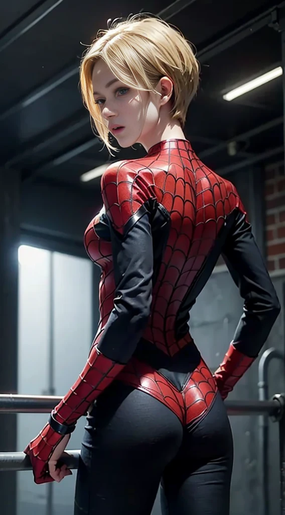 Dressed in a Spiderman costume、A fair-skinned, blonde, short-haired, beautiful heroine、Draw a figure from behind fighting an enemy