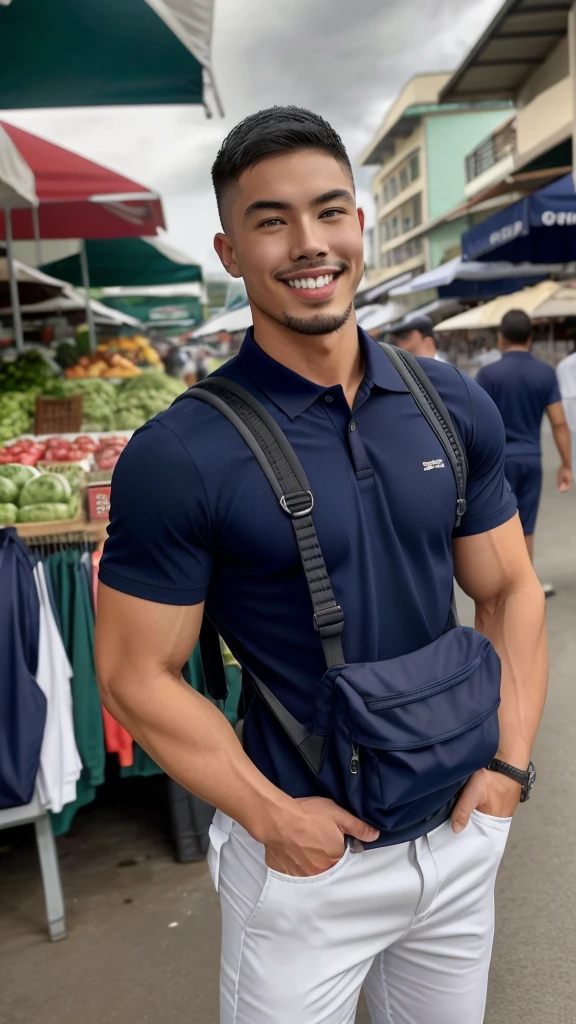 Tony Labrusca, Young man in a navy blue polo shirt Standing at the edge of the market with a smile on his face, looking into the distance Turn your head slightly.，Cloudy day, (Backpack:1.2)