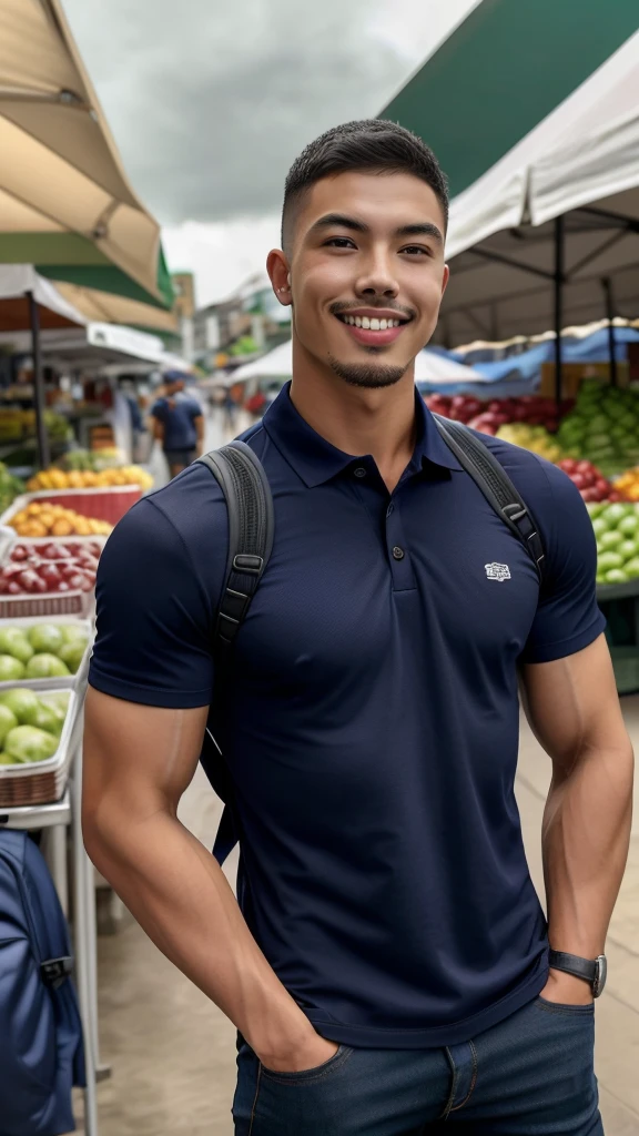 Tony Labrusca, Young man in a navy blue polo shirt Standing at the edge of the market with a smile on his face, looking into the distance Turn your head slightly.，Cloudy day, (Backpack:1.2)