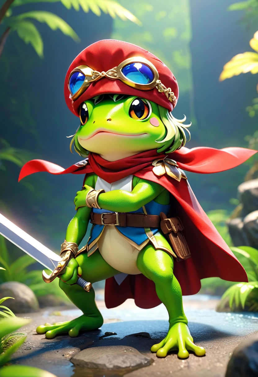 Esbian all over、Cool Frog、Pop Frog、Diorama、Simple Background、bandana、Holding a big sword in his hand、Brave、Cape、Best Quality, Capture the cutest moments, Depth of written boundary, Super detailed, Ultra-high resolution, Octadale, 8k, 16km race