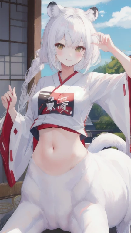 (best quality, masterpiece), 1 girl, centaur, It takes,Japanese ,smiley face,exposing the abdomen, belly button t-shirt,아름다운 소녀 perfect white tiger photo, perfect white tiger photo