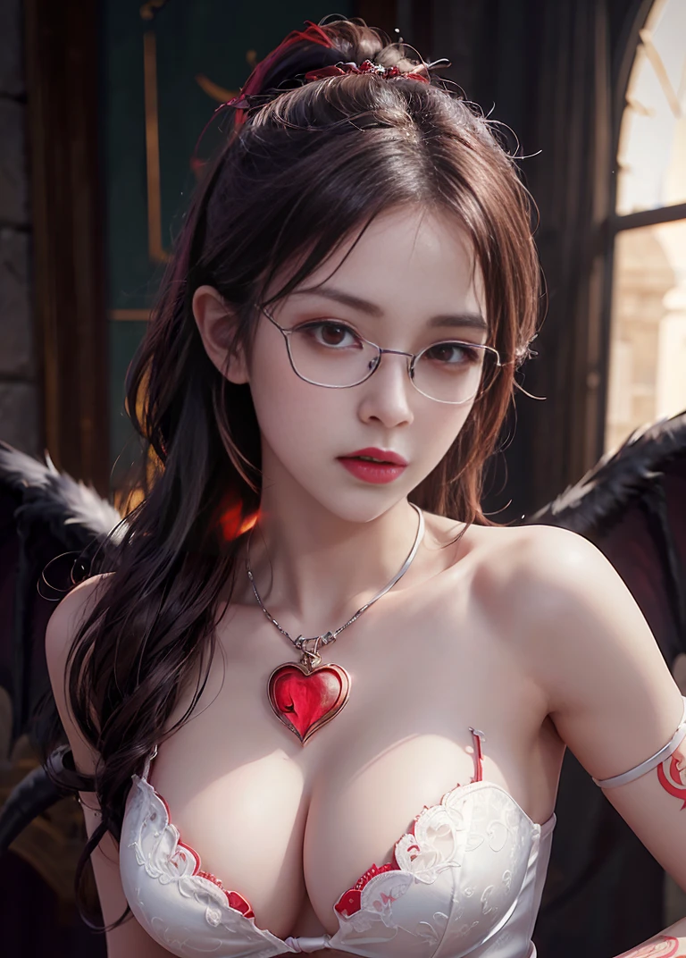 Good、(Best illustration)、UHD 8k resolution、intricate details、top quality、realistic、super detailed、Best lighting、Best shadows、Soft lighting、Ulutra HD、Castle Dark abandoned 、Castle、 、A Necromancer、natta、Dark style、 erotic pictures、Succubus、Devil's daughter、Bat wings,(((Hornlack demon-rimmed round glasses))))、(((Giant breasts)) )、( ((Bare chest )))、(((Heart tattoo on chest)))、((( white underwear )))、 (Devil's tail)、(Red eyes:1.6), masterpiece、frame beautiful face、Tindall effect, realistic image, (Highly detailed skin: 1.2), 8KUHD, digital SLR, high quality, image, high resolution, silly, ponytail distortion , best ratio four fingers and one thumb, 1 girl, hair jewelry, red sparkling gemstone necklace 、 jewelry 、 beautiful feeling expression 、 Bulging 、 Big breasts are emphasized 、 tattoo on chest 、 Firm waist 、 Wide and plump ass 、 Tindall effect 、 Photorealsitic 、 (High skin detail:1.2), pink nipples, pink pussy