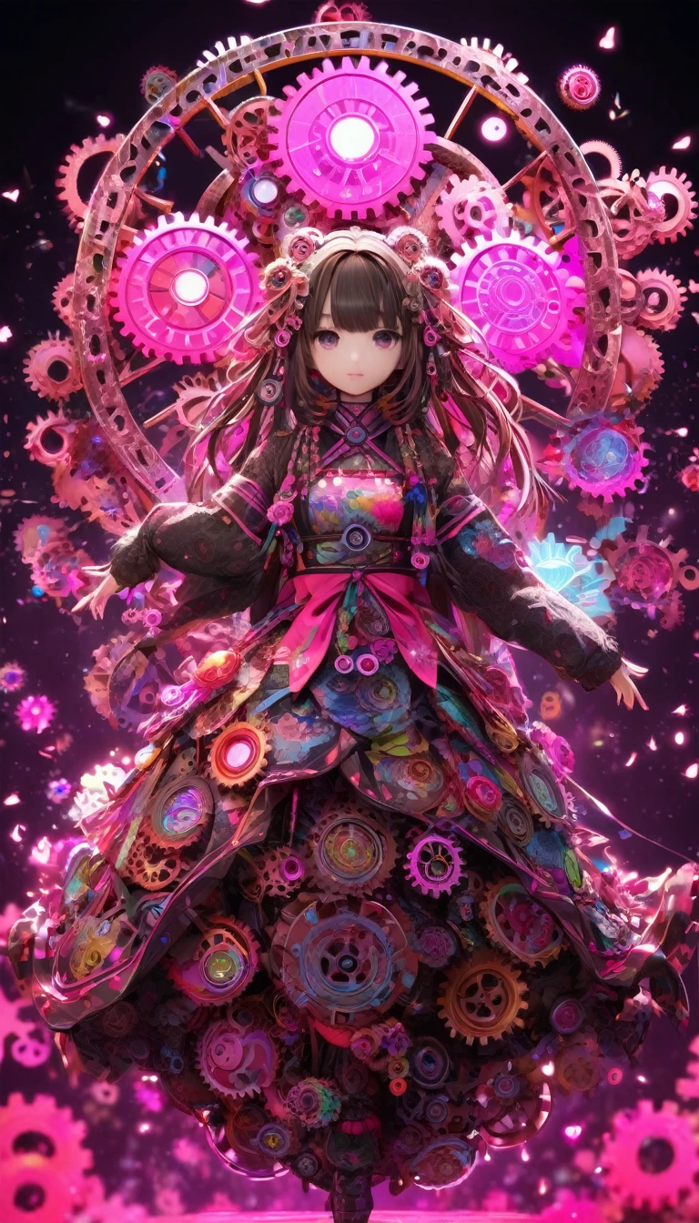 best quality, super fine, 16k, 2.5D, delicate and dynamic depiction, large gears of different colors, meshing together in various sizes, fluorescent pink and fluorescent grain digital number patterns, the gears and digital numbers work together to create a new worldview, a colorful dark fantasy, beautiful Karakuri dolls, Karakuri effects, slow motion effects, stop motion effects