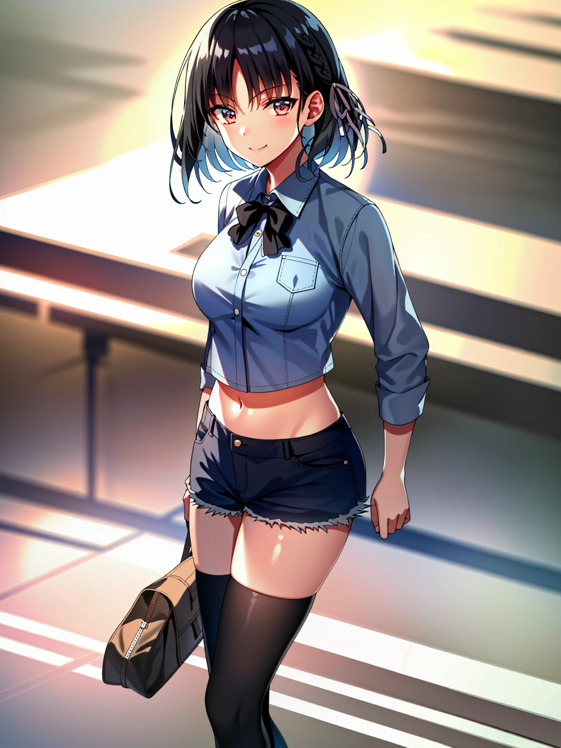 (8K, Highest quality, Highest quality, masterpiece), standing, 1girl, solo, cowboy shot, aasuzune, short hair, black hair, (single braid:1.2), hair ribbon, crop top, black thighhighs, smile, Denim short shorts, school, outdoors, large breasts, cleavage