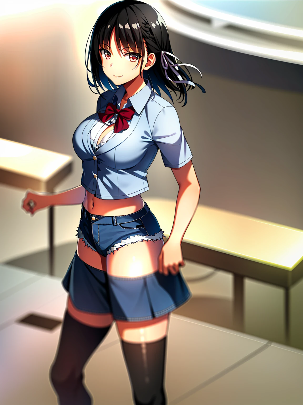 (8K, Highest quality, Highest quality, masterpiece), standing, 1girl, solo, cowboy shot, aasuzune, short hair, black hair, (single braid:1.2), hair ribbon, crop top, black thighhighs, smile, Denim short shorts, school, outdoors, large breasts, cleavage