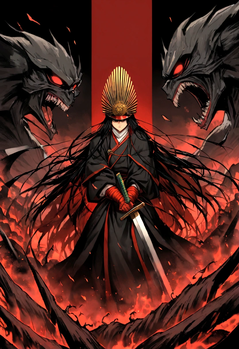 About 20 years from the feudal era, A samurai with a sword wrapped in an ominous aura、Face off against some menacing monsters ready to attack.Oda Nobunaga