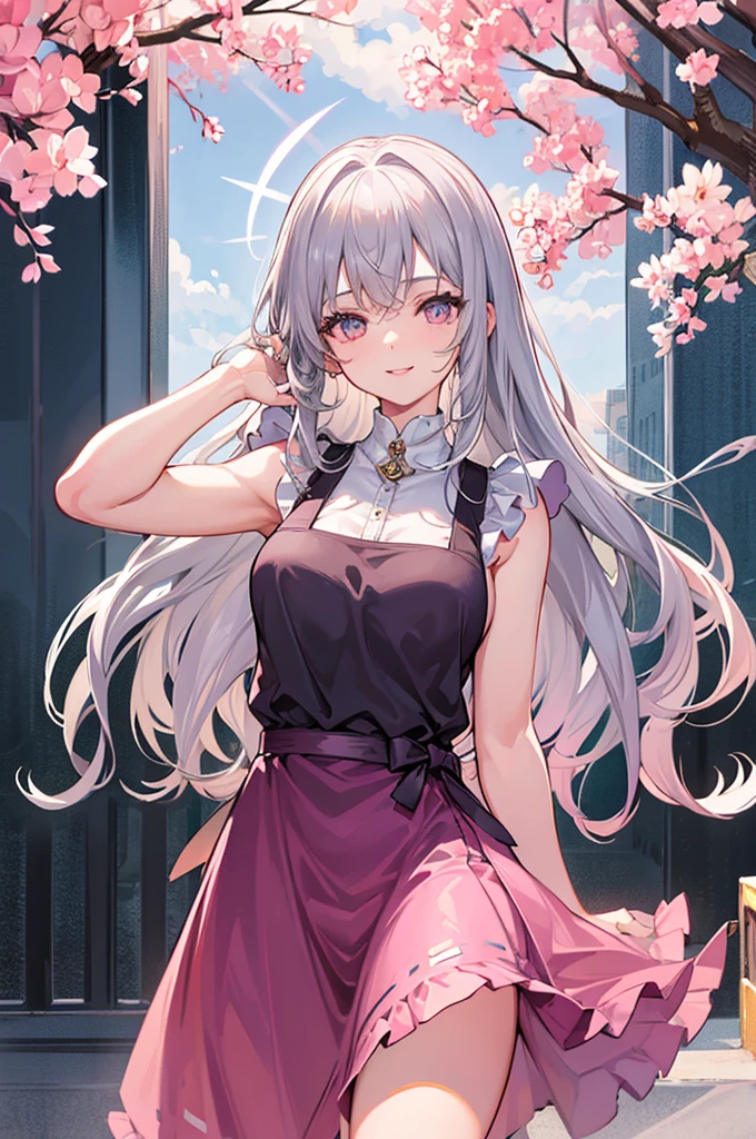 Highest quality, shape, Very detailed, In detail, High resolution, 8k wallpaper, Perfect dynamic composition, Beautiful details, Center of chest, Natural color lip, Random sexy poses,smile,20-year-old girl,Huge , A woman with long curly silver hair wearing a pink dress and a black apron