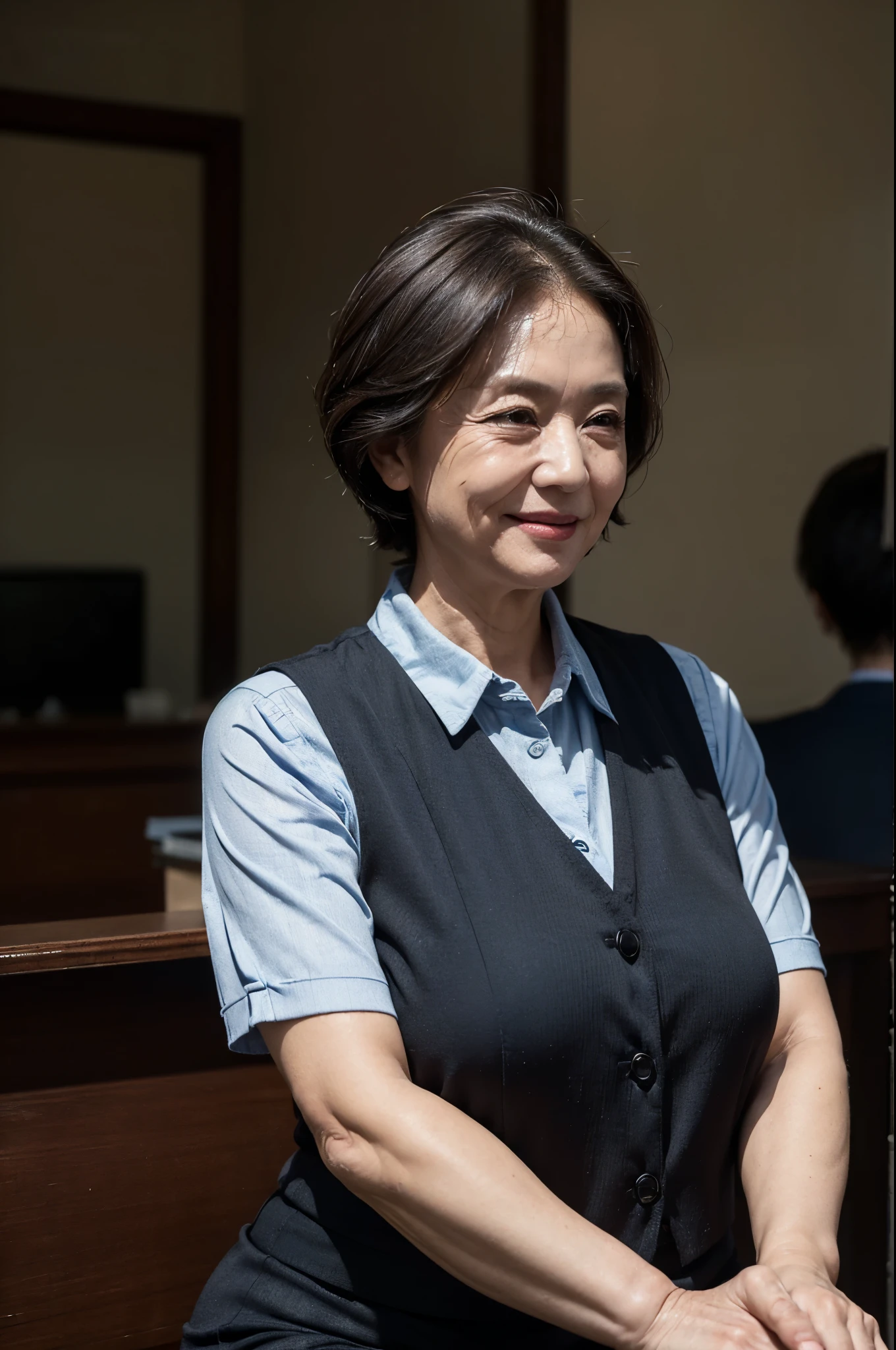 (masterpiece:1.4),(Female, 65 years old:1.5),(Facial wrinkles : 1.2), (facing away : 1.3), cheerful smile, short hair, maternal, Mature Woman, upper body shoot, sitting, office worker, (dull fabric), (polyester black vest with button), black pencil skirt, white short sleeve shirt, (plump arms : 1.2), (focus on arms), ticket window, detailed backgrounds
