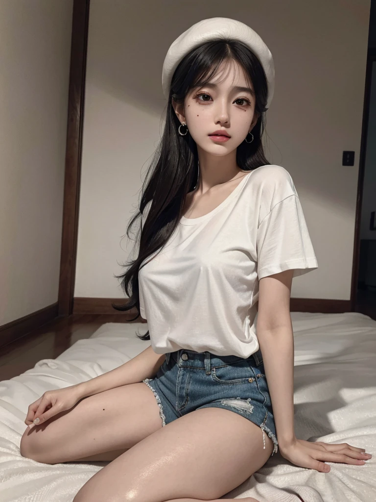 absurdres, RAW photo, extremely delicate and beautiful, masterpiece, Best Quality, ultra high resolution, 32k, hyperrealistic, ultra-detailed, delicate facial features, beautiful detailed woman, tearful mole, earring, medium breasts, ((full body shot)), medium hair, black hair, beret, T-shirt, shorts,