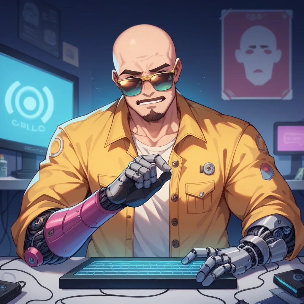 A bald guy with a short and stylish brown beard, athletic body, wearing yellow leather jacket, high collar, with blue neon, sunglasses, robotic arm implants, connected ends, in his bedroom, using a computer to hack, sci fi environment, night-time, POV view