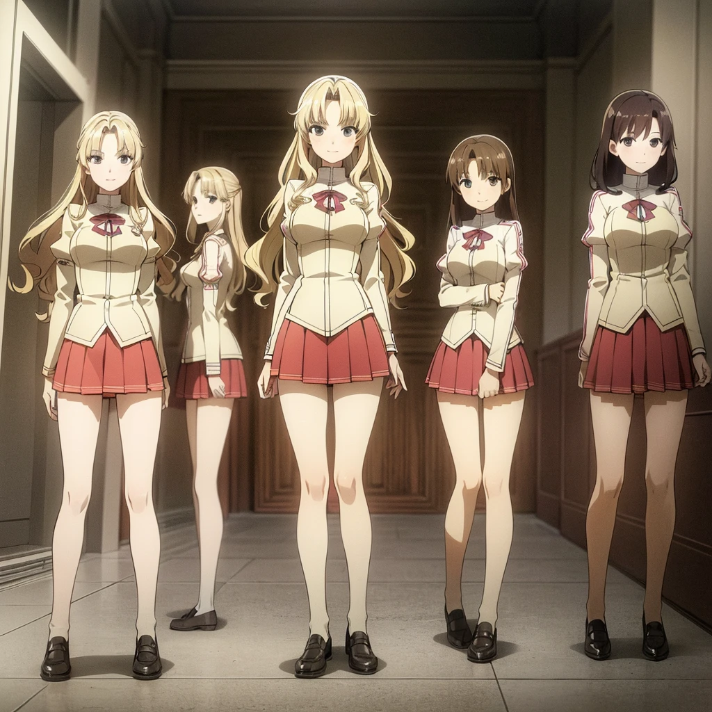 masterpiece, high quality, Multiple girls, organization, Same sisters, Blonde Hair, curls, (brown haired sisters, blonde sisters, many sisters, Match hairstyle, different hair Farbes), Hazel eyes, Medium bust, ((Matching Clothing, Uniforms)), Smile, flat_Farbe, Same height, organization pose, Back to back,full-body shot