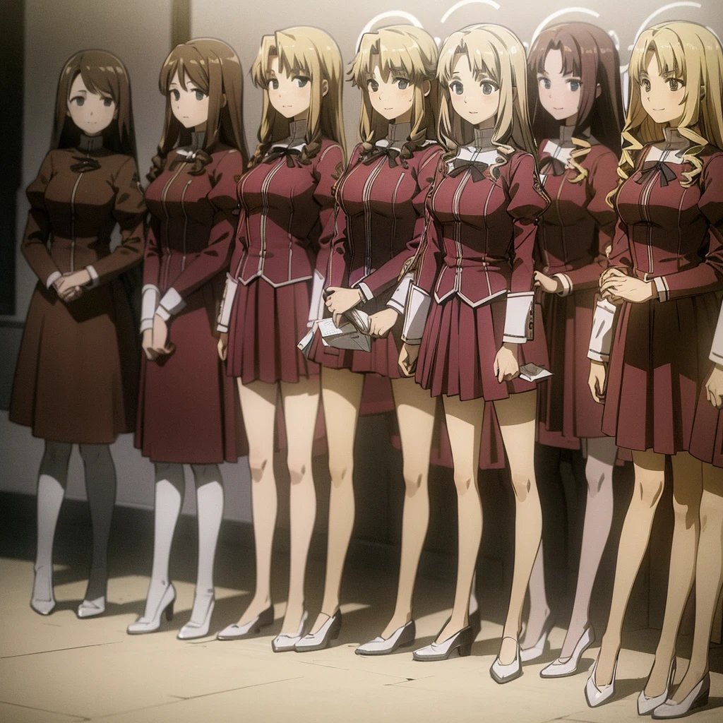 masterpiece, high quality, Multiple girls, organization, Same sisters, Blonde Hair, curls, (brown haired sisters, blonde sisters, many sisters, Match hairstyle, different hair Farbes), Hazel eyes, Medium bust, ((Matching Clothing, Uniforms)), Smile, flat_Farbe, Same height, organization pose, Back to back,full-body shot