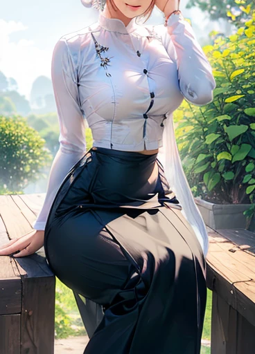 photorealistic, high resolution, masterpiec e best quality ultra-detailed, 1women. (m edium breast), hair bun, jesmine flower o n the head, mature female, solo, hips up, (wearing acmmsayarma outfit, acmmsaya rma white top with buttons, long sleeves), ((acmmsayarma black long skirt) full body 