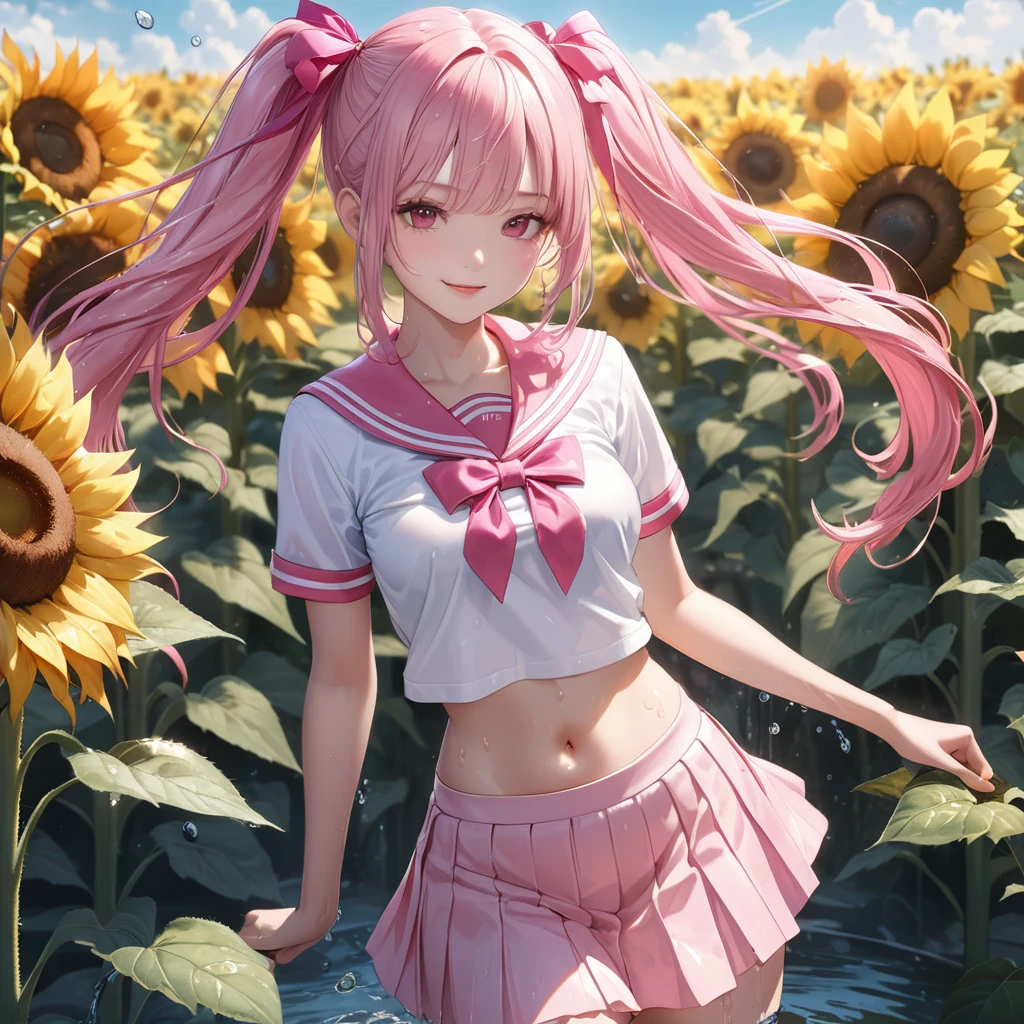 (8K, masutepiece, Best Quality, Official art, beautiful detailed, beautiful lighting, best masterpiece in history that exceeds limits), (1 Girl, Solo), (sixteen years old), (beautiful detailed face), (shiny white skin), (Beautiful big bust:1.3), (thighs, navel:1.2), (beautiful detailed pink twin tails hair, Bangs:1.3), (beautiful detailed drooping pink eyes:1.5), (high , wet:1.3), (patsel pink sailor collar, white short sleeves short length outing shirt, pastel pink pleated skirt, patsel pink ribbon:1.3), (happy smile:1.2), (Attractive, Look at the camera, cute pose), breathtaking scenery, (ultra detailed realistic Beautiful field of sunflowers, blue sky, summer, water gun, water splash:1.2),