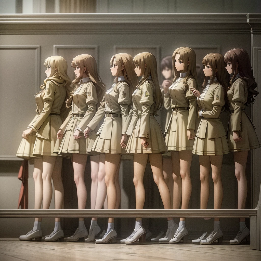 masterpiece, high quality, Multiple girls, organization, Same sisters, Blonde Hair, curls, (brown haired sisters, blonde sisters, many sisters, Match hairstyle, different hair Farbes), Hazel eyes, Medium bust, ((Matching Clothing, Uniforms)), Smile, flat_Farbe, Same height, organization pose, Back to back,full-body shot 