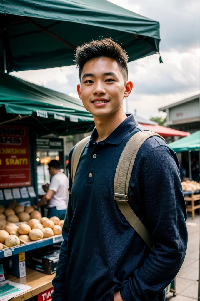 Young man in a navy blue polo shirt Standing at the edge of the market with a smile on his face, looking into the distance Turn your head slightly.，Cloudy day, (Backpack:1.2)