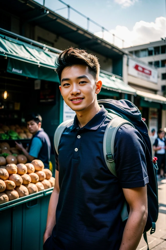 Young man in a navy blue polo shirt Standing at the edge of the market with a smile on his face, looking into the distance Turn your head slightly.,Cloudy day, (Backpack:1.2)