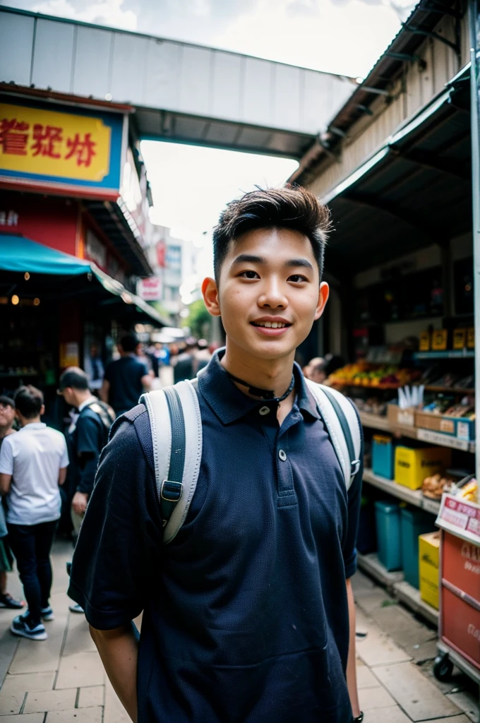 Young man in a navy blue polo shirt Standing at the edge of the market with a smile on his face, looking into the distance Turn your head slightly.，Cloudy day, (Backpack:1.2)