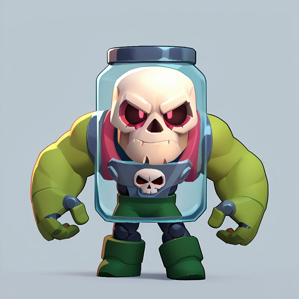 full body view of a cyborg, having muscular green arms, a white skull of a living human, a glass bubble around the human skull, its body is cylindrical, brawl, brawl stars