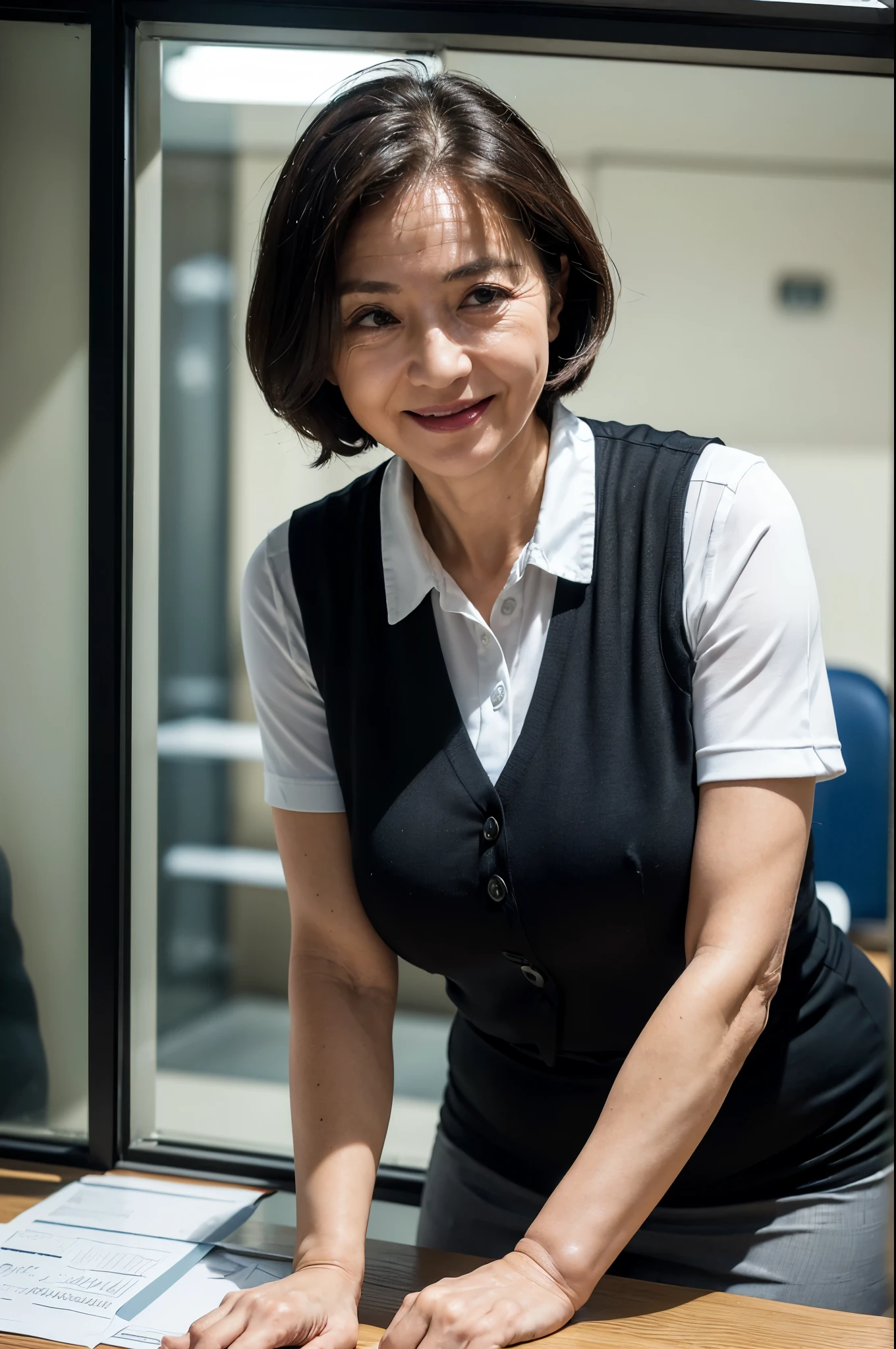 (masterpiece:1.4),(Female, 67 years old:1.5),(Facial wrinkles : 1.2), (facing away : 1.3), cheerful smile, short hair, maternal, Mature Woman, upper body shoot, sitting, office worker, (smooth fabric), (polyester black vest with button), black pencil skirt, white short sleeve shirt, (plump arms : 1.2), (focus on arms), working at ticket window, detailed backgrounds