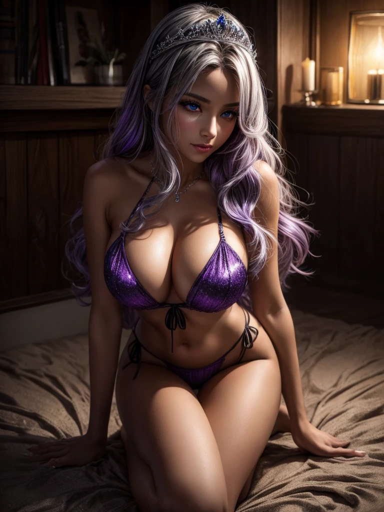 In a dimly lit beach with soft, warm lighting, a stunning young busty woman with tiara sits on the sand, her long curly silver hair glistening in the glow. She wears a sparkling black side-tie bikini with sexy cleavage that seems to shimmer and shine like bioluminescent paint, matching the radiant violet hue of her eyes. Her eyes are detailed with long eyelashes and bright and colorful irises and are sparkling. Her expression is sultry, with mesmerizing eye contact that draws the viewer in. Her big breasts are perfectly rounded, with a large sag that adds to their allure. As she kneels forward, her legs spread invitingly, showcasing her confidence and sex appeal. The watercolor-inspired hues on her skin blend seamlessly, creating a photorealistic effect that's almost too beautiful to be real.
