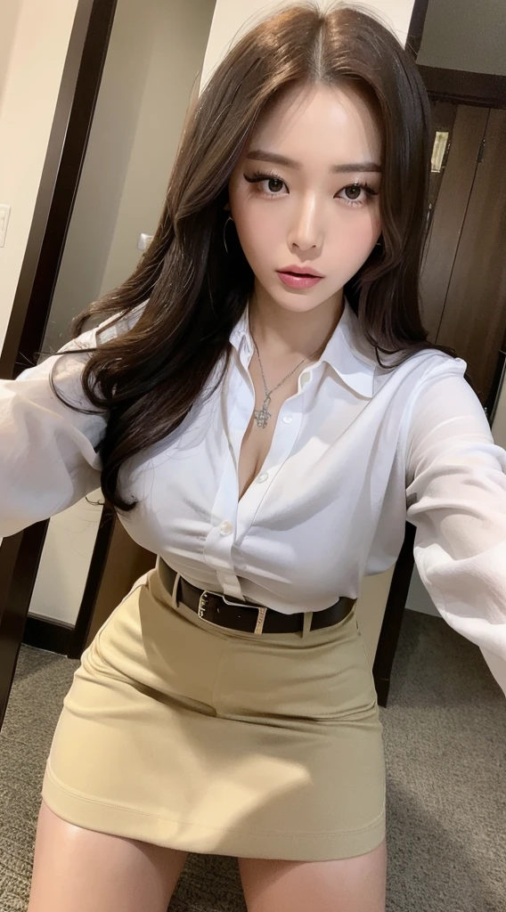 (Best quality, High resolution, Masterpiece :1.3), A tall and pretty woman yui hatano pornstar 30-years, Slender abs, Dark brown hair styled in loose waves, Breasts, Wearing pendant, White button up shirt, Belt, Black skirt, (Modern architecture in background), Details exquisitely rendered in the face and skin texture, Detailed eyes, Double eyelid taking selfie with iphone below view skirt lift