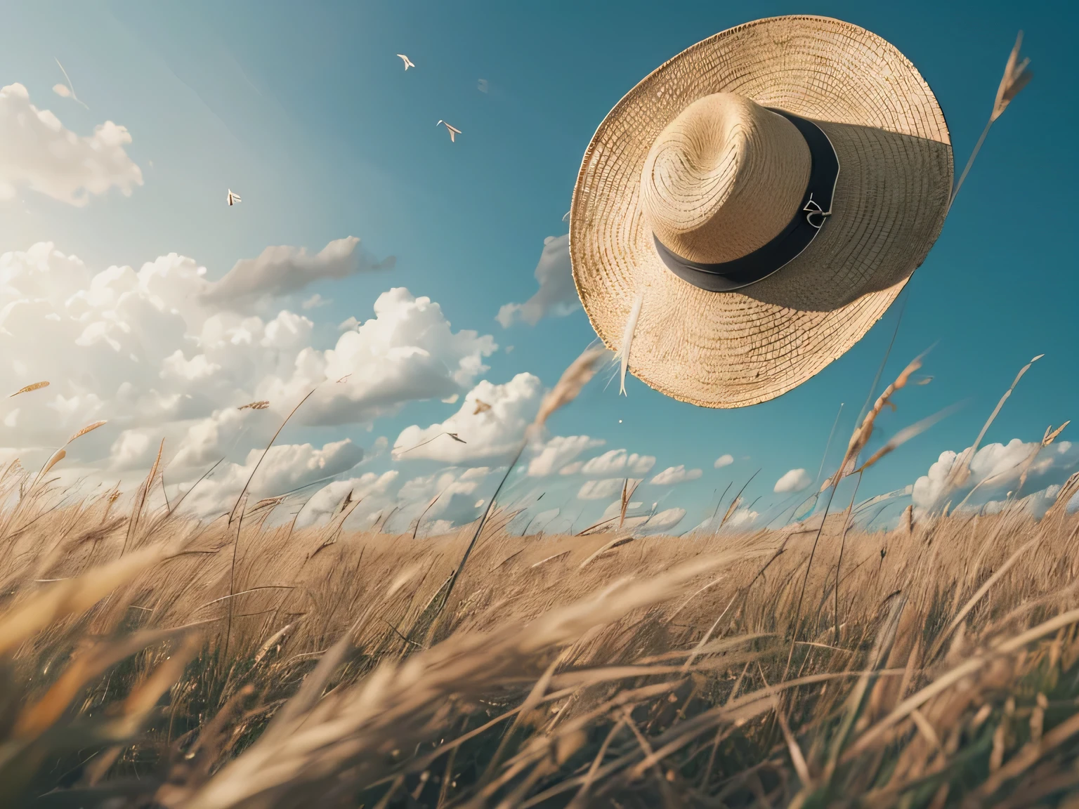 (Straw hat fluttering in the wind:1.3), Meadow and blue sky, (Angle from below:1.3), Smooth, Highly detailed CG composite 8K wallpaper, High-resolution RAW color photos, Professional photography, Light, BackLight, dream-like, impressive, Written boundary depth