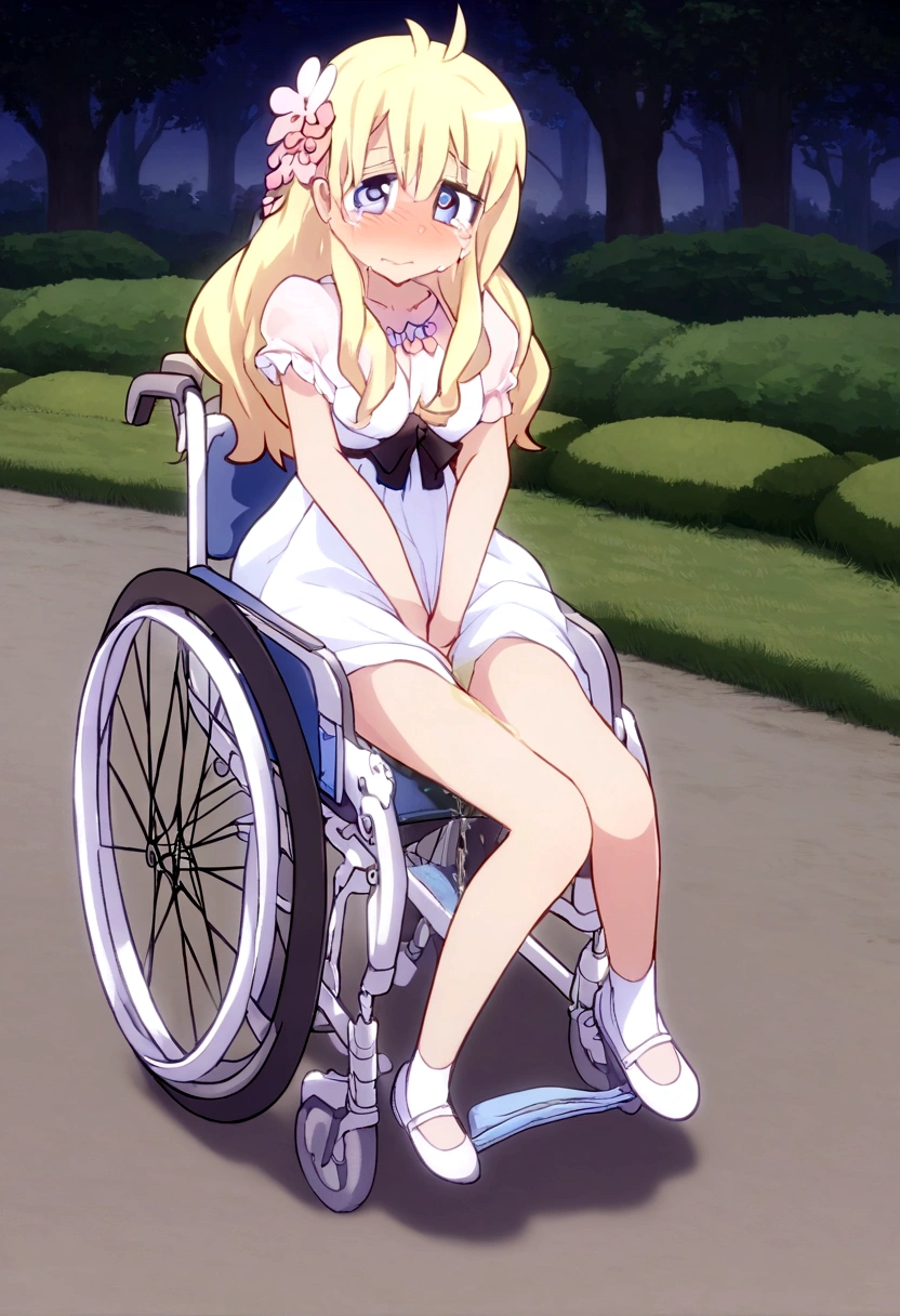Anime. 1 girl. . Princess. Blonde. Long hair. Blue eyes. Beautiful eyes. Perfect eyes. Expressive eyes. Eyes covered with a faded film. Blind eyes. Blind. Ideal face. Ideal anatomical body. Beautiful long legs. Beautiful body. Beautiful nose. 12 ybarrassment. Blush. Beautiful character design. Shiny skin. Light white dress. Shoes. Hair decorations. Disabled person. Paralytic. Sitting. Wheelchair. Hands on crotch. Urinary incontinence. Wants to pee. She needs to pee. She has a strong, desperate urge to pee. He squeezes his crotch tightly. Rubs copper. Slight lean forward. She peed herself. Fantasy city. A park. Date. He takes off his wet panties. Tears in my eyes. Cry. Snot flows from the nose. Full body. nsfw. Official art. Extremely detailed CG Unity 8k wallpaper. Ideal lighting. Ultra high resolution 4K. Super detailed 8K. A high resolution.