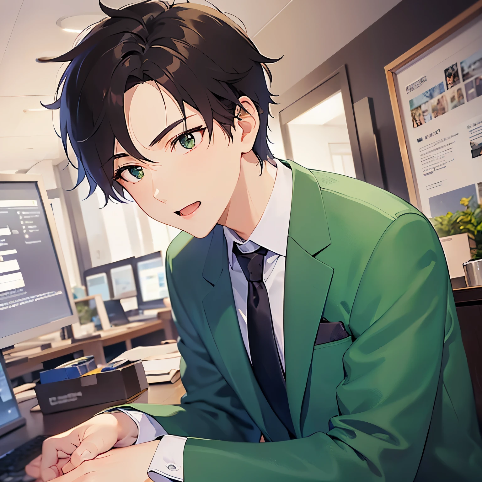 Close-up of your face、(looking away:1.5), side angle, shiny skin、masterpiece、Highest quality、(25-year-old male:1.5) and (Brown short hair) and (Green Eyes), (Wearing a suit:1.3) and (Blue tie)、Are standing、smile、open mouth, Background in the office、alone,