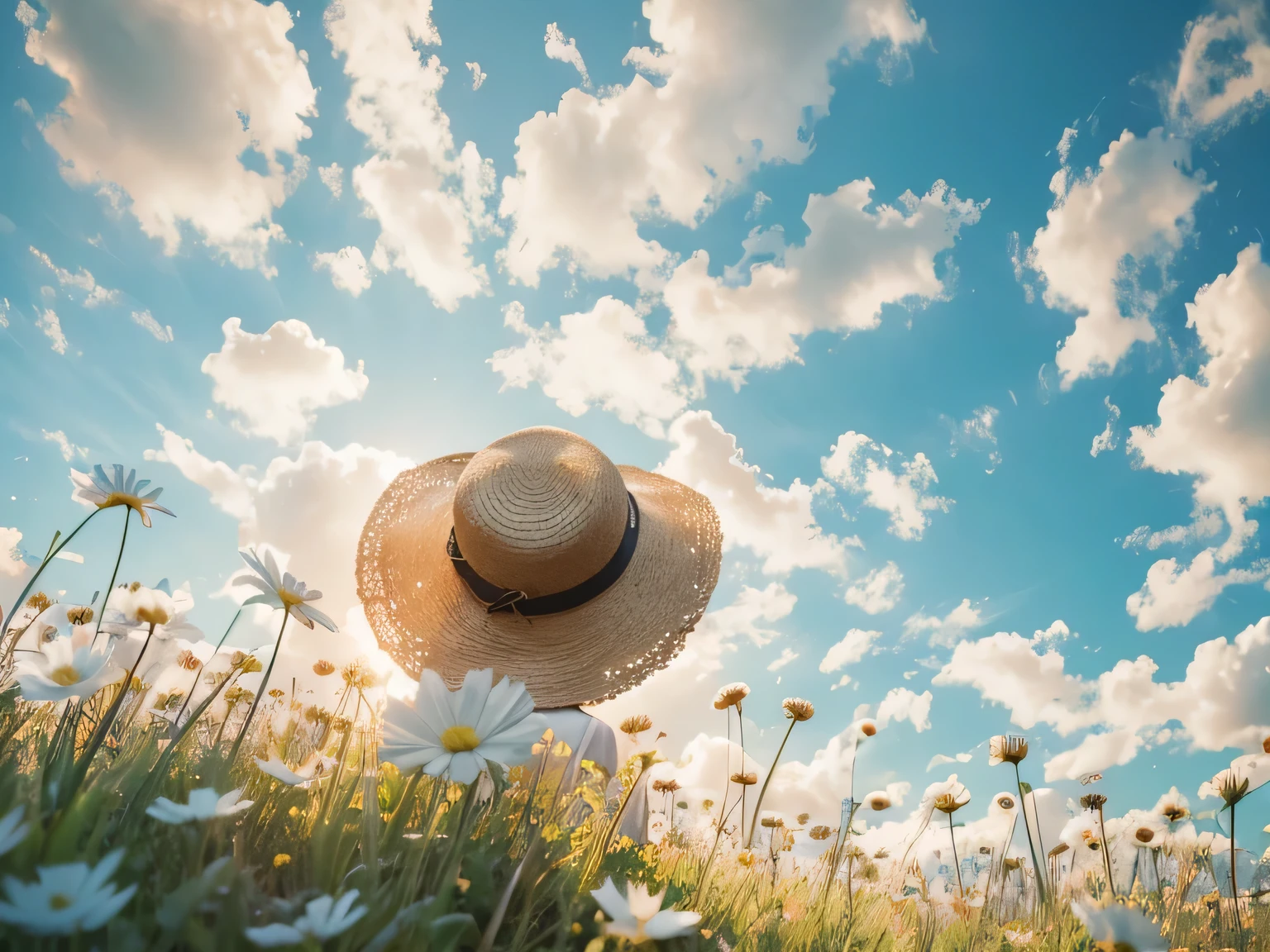 (Straw hat fluttering in the wind:1.3), Meadow and blue sky, (Angle from below:1.3), Smooth, Highly detailed CG composite 8K wallpaper, High-resolution RAW color photos, Professional photography, Light, BackLight, dream-like, impressive, Written boundary depth