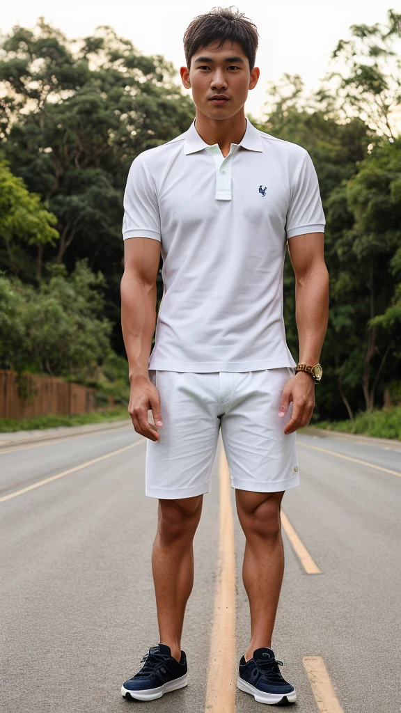 Thai man ,man,He is about 30 years old..,Rough and handsome appearance,large breastsj,Big waistline,buzz cut, angry, sullen, best quality, Masterpiece,(Have muscles:4.5),(best quality,high resolution,Masterpiece:1.2),The eyes are natural and delicate..,1 person,alone,gay asian,muscle,Long legs,brave,short hair details,conjunctivitis ,strong,brown eyes, (outdoor background road :1.5),In the swimming pool,sitting on the side of the road, (White Polo Shirt:1.3),Jeans